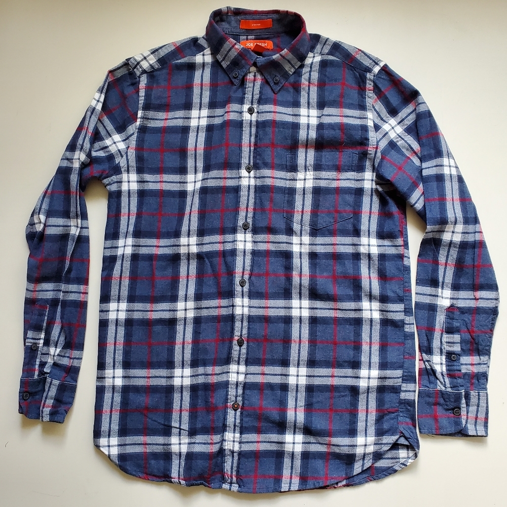 Flannel button down shirt blue red long sleeve plaid warm